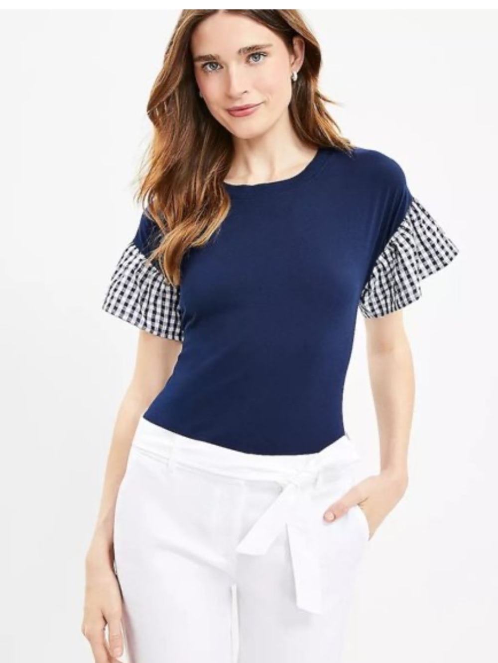 NWT LOFT Gingham Flutter Sleeve Mixed Media Top navy blue